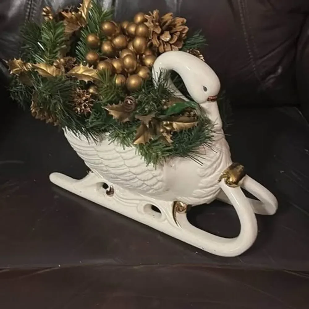 Vintage Ceramic Swan Sleigh Holiday Centerpiece
